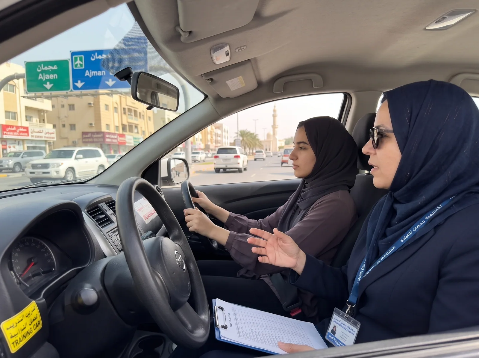 Woman learner practicing on a real Ajman road with a female driving instructor