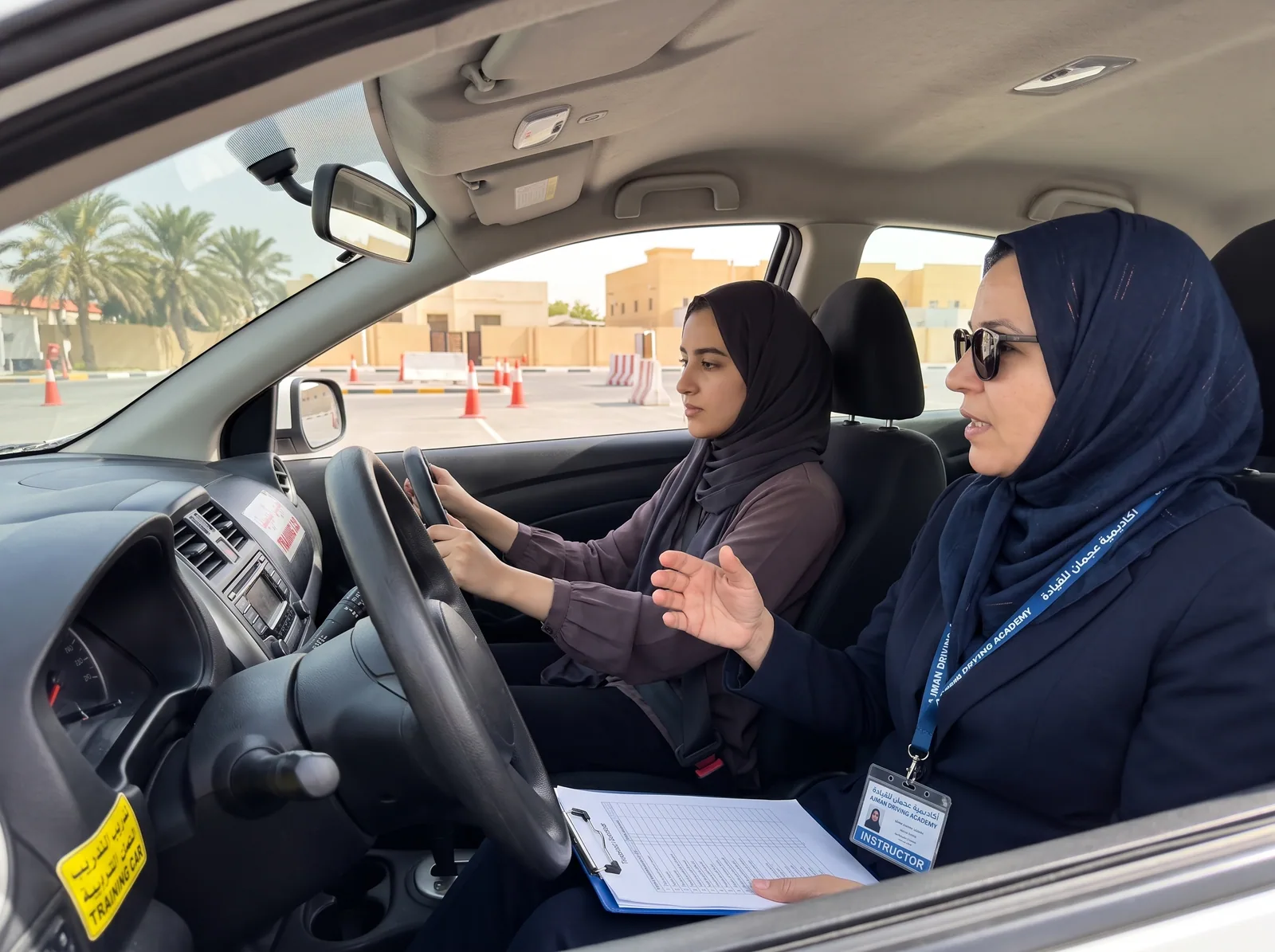 Female driving instructor giving a calm one-on-one lesson to a woman learner in Ajman
